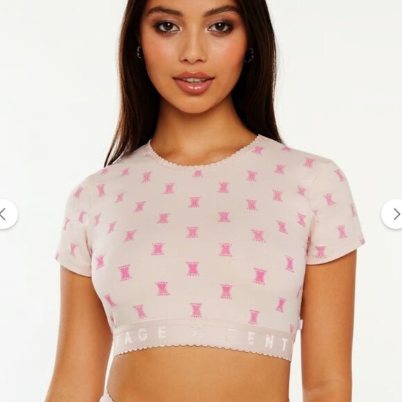 SAVAGE X FENTY Cotton Jersey Crop Top Pink Ash X Link Print Short Sleeve Stretch - Picture 1 of 6